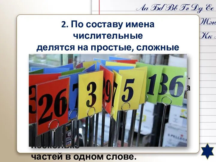 2. По составу имена числительные делятся на простые, сложные и составные. Имена