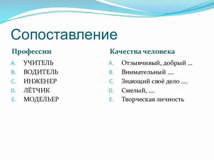 Сопоставление Профессии Качества человека УЧИТЕЛЬ ВОДИТЕЛЬ ИНЖЕНЕР ЛЁТЧИК МОДЕЛЬЕР Отзывчивый, добрый …