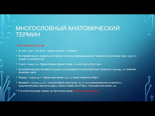 МНОГОСЛОВНЫЙ АНАТОМИЧЕСКИЙ ТЕРМИН Дно мочевого пузыря = А) что? – дно /