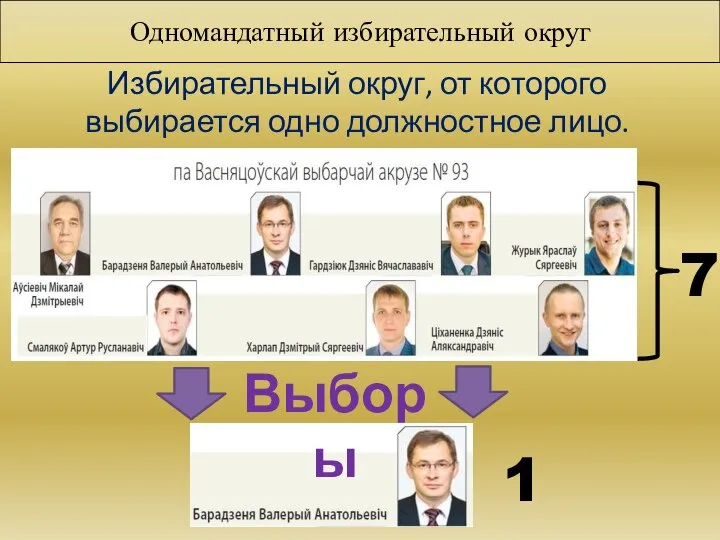 Одномандатный избирательный округ Избирательный округ, от которого выбирается одно должностное лицо. 7 1 Выборы