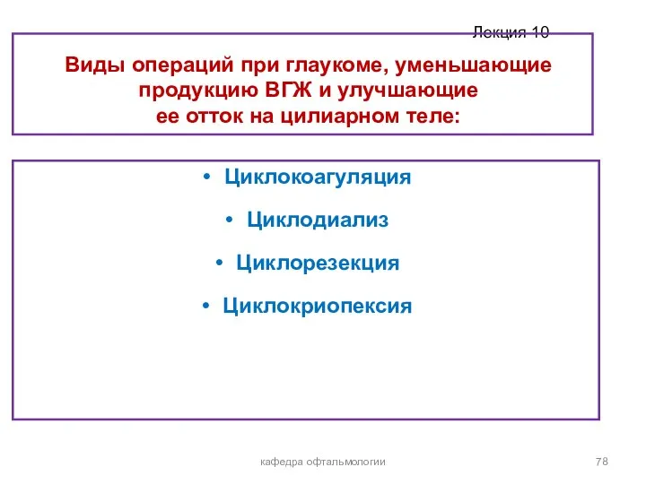 кафедра офтальмологии Виды операций при глаукоме, уменьшающие продукцию ВГЖ и улучшающие ее