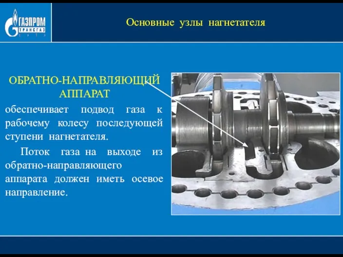 ОБРАТНО-НАПРАВЛЯЮЩИЙ АППАРАТ обеспечивает подвод газа к рабочему колесу последующей ступени нагнетателя. Поток