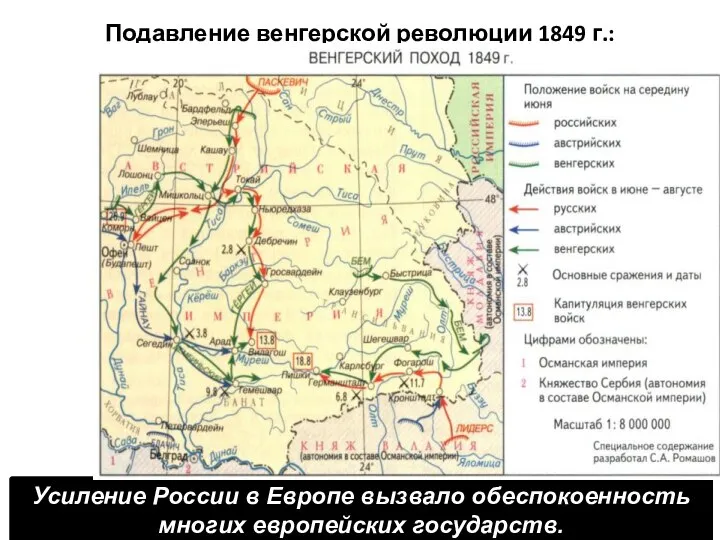 Подавление венгерской революции 1849 г.: Усиление России в Европе вызвало обеспокоенность многих европейских государств.