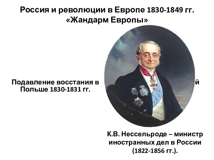 Россия и революции в Европе 1830-1849 гг. «Жандарм Европы» Подавление восстания в