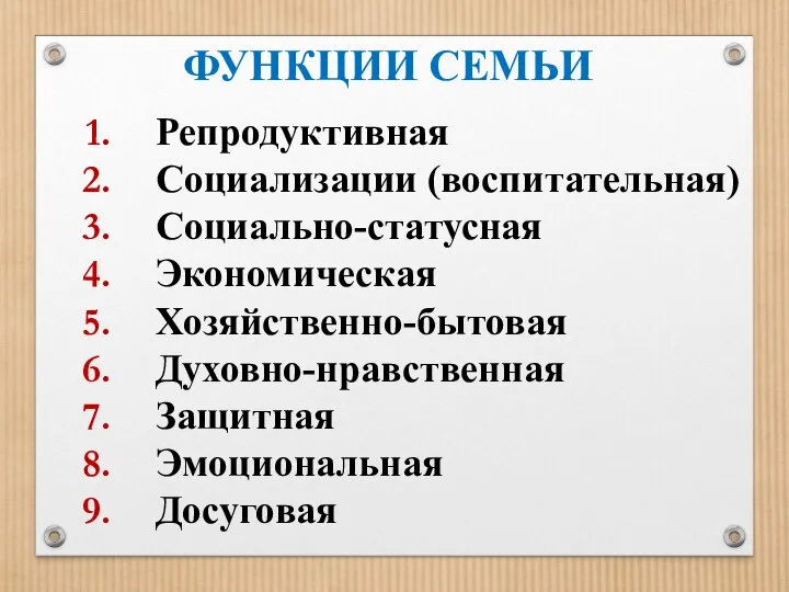 ФУНКЦИИ СЕМЬИ Репродуктивная Социализации (воспитательная) Социально-статусная Экономическая Хозяйственно-бытовая Духовно-нравственная Защитная Эмоциональная Досуговая