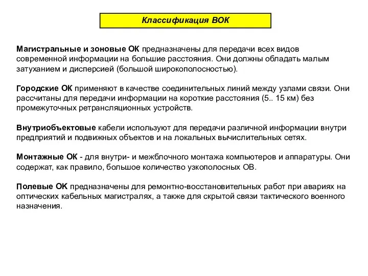 Классификация ВОК Магистральные и зоновые ОК предназначены для передачи всех видов современной