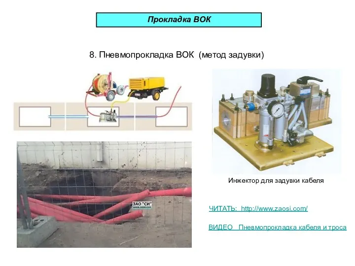 Прокладка ВОК 8. Пневмопрокладка ВОК (метод задувки) ЧИТАТЬ: http://www.zaosi.com/ ВИДЕО Пневмопрокладка кабеля