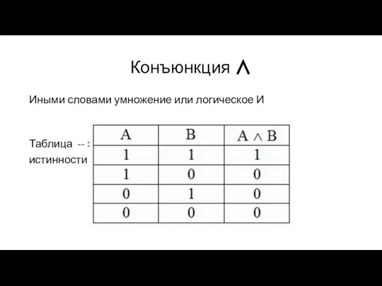 Конъюнкция ∧ Иными словами умножение или логическое И Таблица -- > истинности