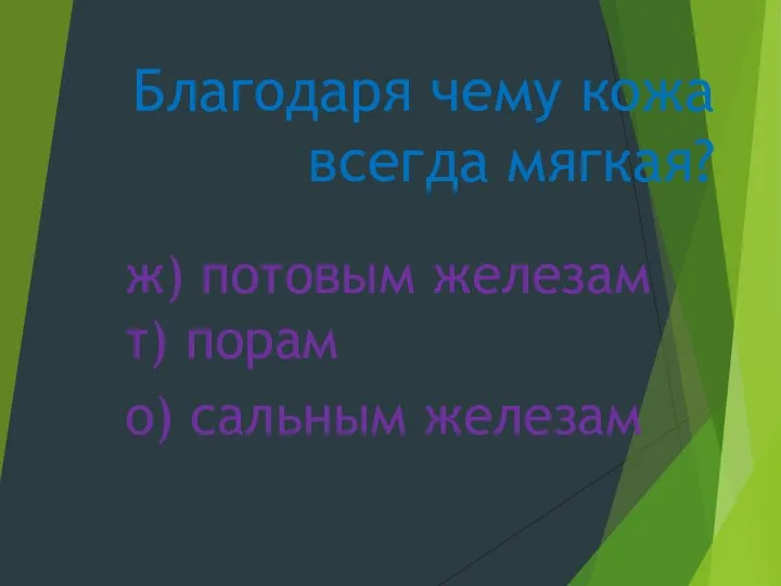 Благодаря чему кожа всегда мягкая? ж) потовым железам т) порам о) сальным железам