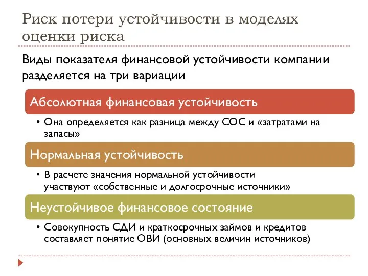 Риск потери устойчивости в моделях оценки риска Виды показателя финансовой устойчивости компании разделяется на три вариации