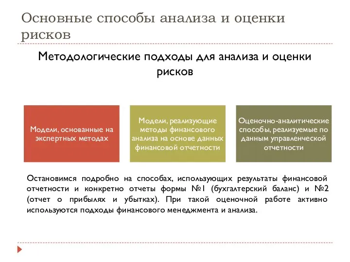 Основные способы анализа и оценки рисков Методологические подходы для анализа и оценки