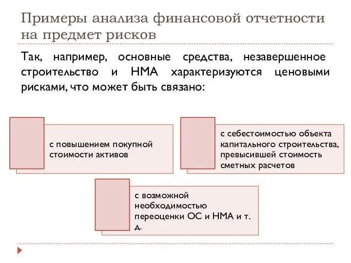 Примеры анализа финансовой отчетности на предмет рисков Так, например, основные средства, незавершенное