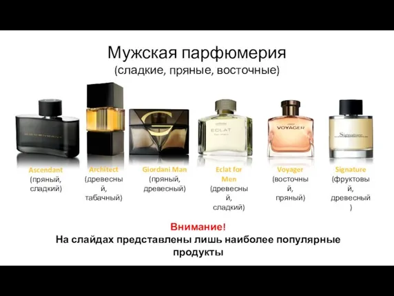 Мужская парфюмерия (сладкие, пряные, восточные) Ascendant (пряный, сладкий) Architect (древесный, табачный) Giordani