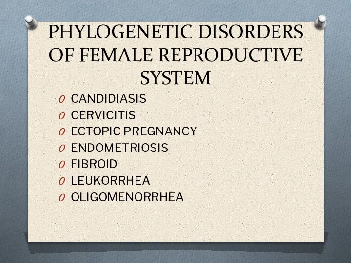 PHYLOGENETIC DISORDERS OF FEMALE REPRODUCTIVE SYSTEM CANDIDIASIS CERVICITIS ECTOPIC PREGNANCY ENDOMETRIOSIS FIBROID LEUKORRHEA OLIGOMENORRHEA