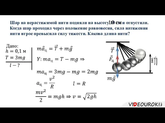 Шар на нерастяжимой нити подняли на высоту 10 см и отпустили. Когда