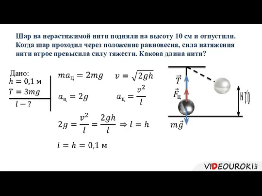 Шар на нерастяжимой нити подняли на высоту 10 см и отпустили. Когда