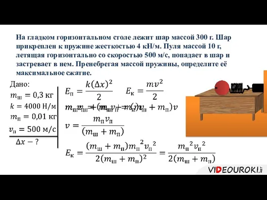 На гладком горизонтальном столе лежит шар массой 300 г. Шар прикреплен к