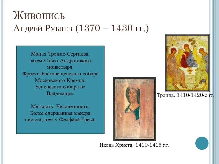 Живопись Андрей Рублев (1370 – 1430 гг.) Икона Христа. 1410-1415 гг. Троица.
