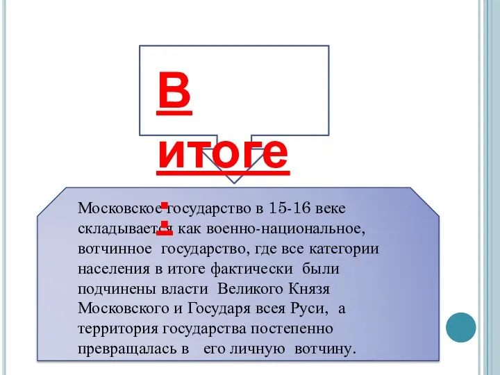 Московское государство в 15-16 веке складывается как военно-национальное, вотчинное государство, где все