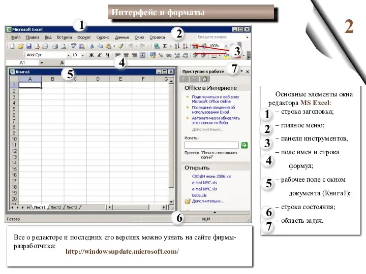 2 Основные элементы окна редактора MS Excel: – строка заголовка; – главное