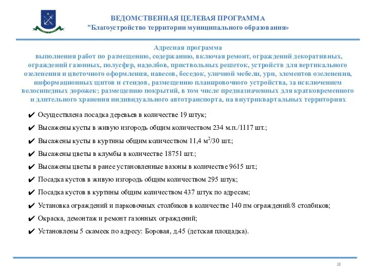 ВЕДОМСТВЕННАЯ ЦЕЛЕВАЯ ПРОГРАММА "Благоустройство территории муниципального образования» Адресная программа выполнения работ по