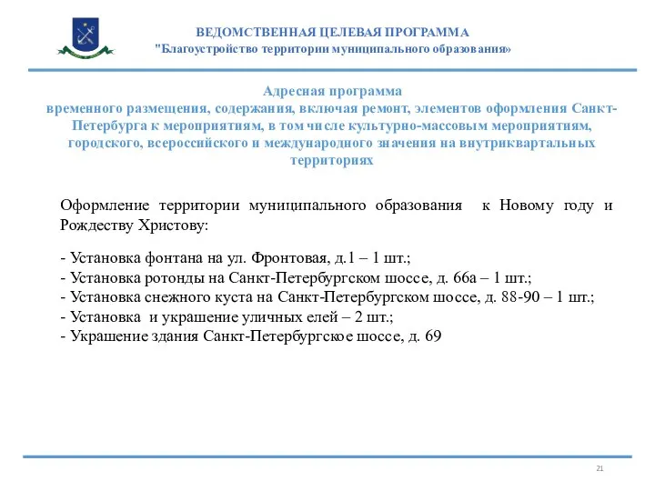 ВЕДОМСТВЕННАЯ ЦЕЛЕВАЯ ПРОГРАММА "Благоустройство территории муниципального образования» Адресная программа временного размещения, содержания,