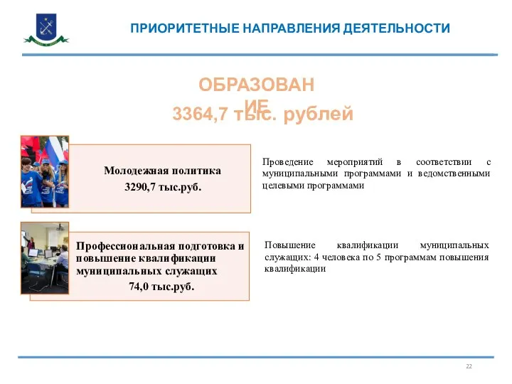 3364,7 тыс. рублей ОБРАЗОВАНИЕ Проведение мероприятий в соответствии с муниципальными программами и