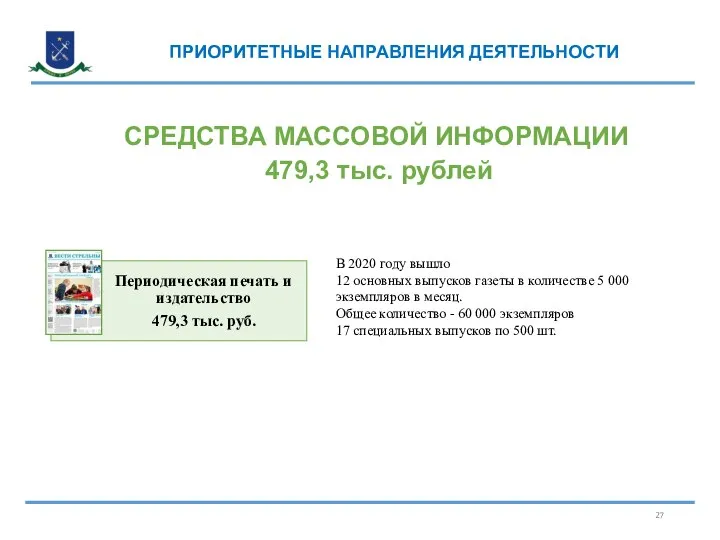 СРЕДСТВА МАССОВОЙ ИНФОРМАЦИИ ПРИОРИТЕТНЫЕ НАПРАВЛЕНИЯ ДЕЯТЕЛЬНОСТИ 479,3 тыс. рублей В 2020 году