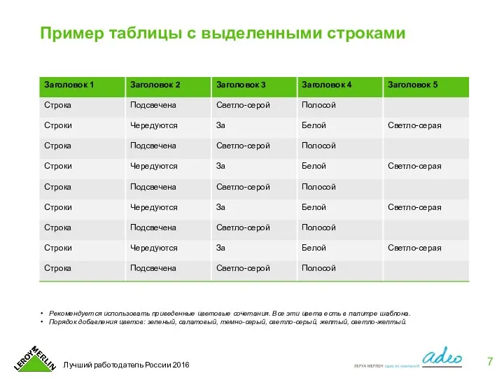 Пример таблицы с выделенными строками Рекомендуется использовать приведенные цветовые сочетания. Все эти