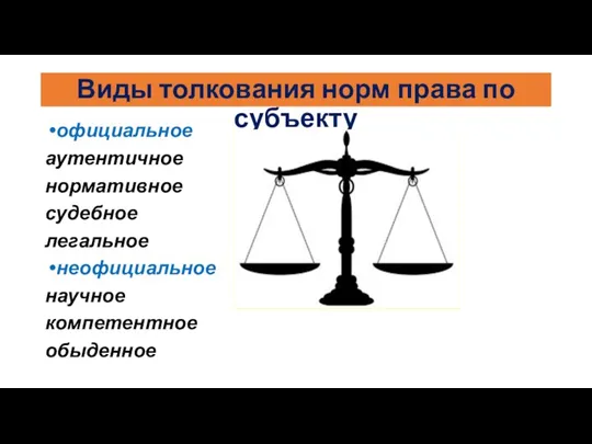 Виды толкования норм права по субъекту официальное аутентичное нормативное судебное легальное неофициальное научное компетентное обыденное