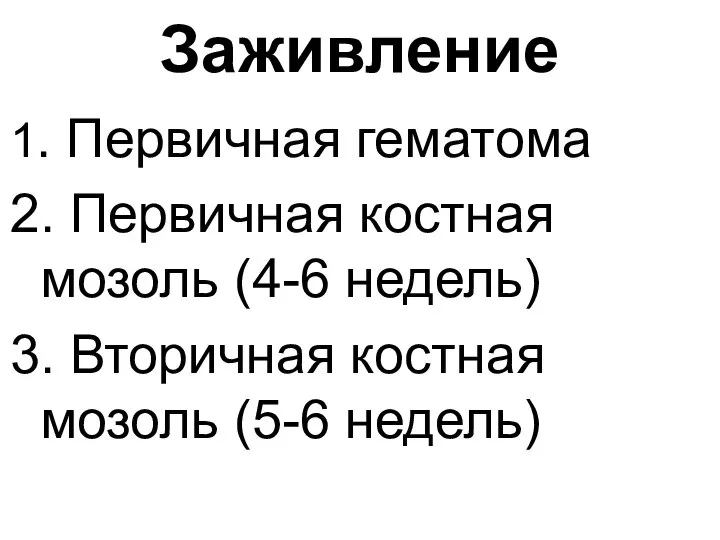 Заживление 1. Первичная гематома 2. Первичная костная мозоль (4-6 недель) 3. Вторичная костная мозоль (5-6 недель)