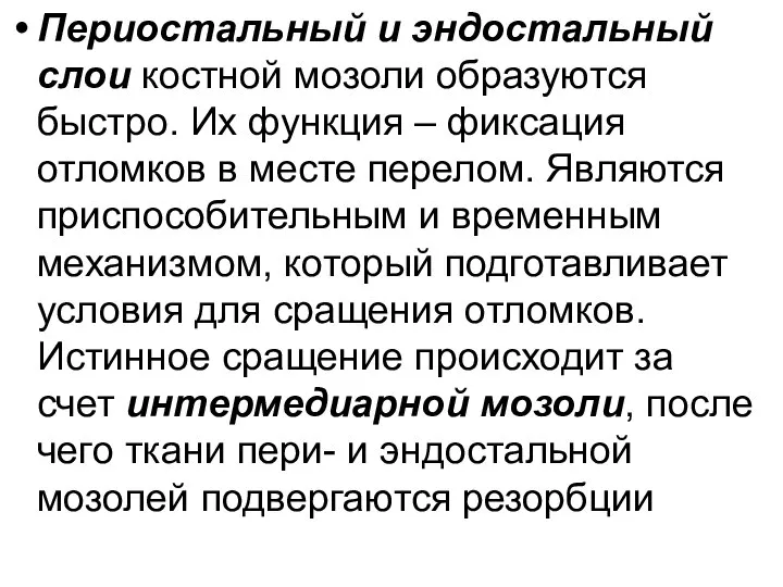 Периостальный и эндостальный слои костной мозоли образуются быстро. Их функция – фиксация