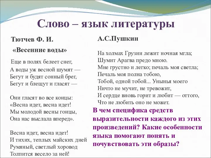 Слово – язык литературы А.С.Пушкин На холмах Грузии лежит ночная мгла; Шумит