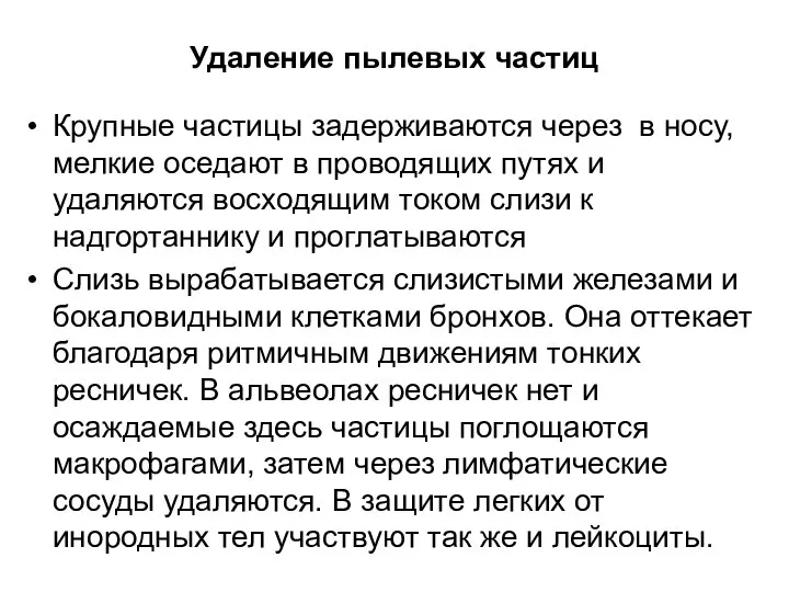 Удаление пылевых частиц Крупные частицы задерживаются через в носу, мелкие оседают в