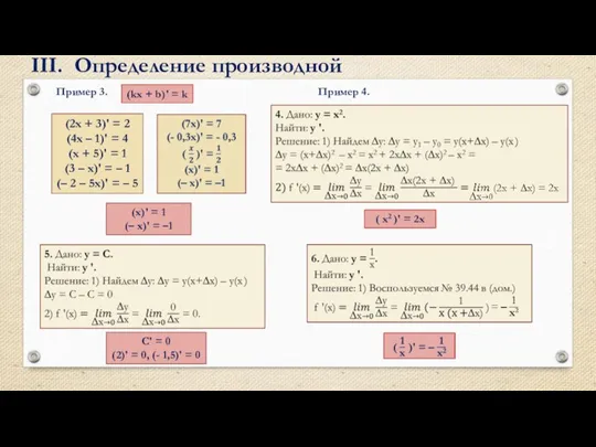 (kx + b)' = k III. Определение производной Пример 3. (2x +