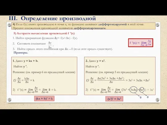 5) Алгоритм вычисления производной f '(x) 1. Найти приращение функции ∆у= f(x+∆x)