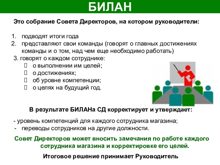 БИЛАН Это собрание Совета Директоров, на котором руководители: подводят итоги года представляют