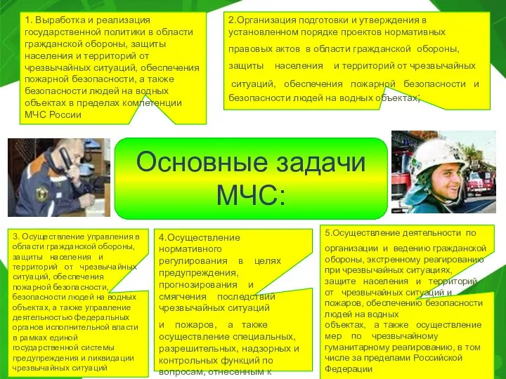 Основные задачи МЧС: 5.Осуществление деятельности по организации и ведению гражданской обороны, экстренному