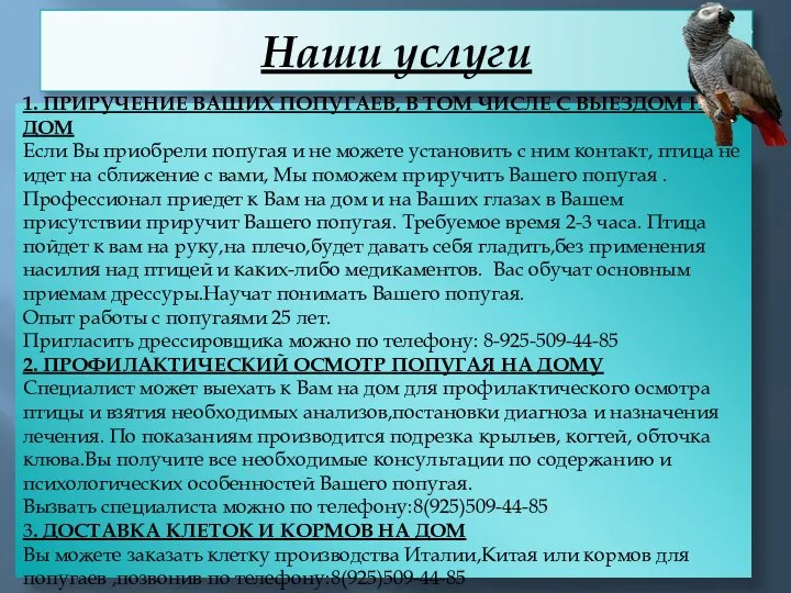 Наши услуги 1. ПРИРУЧЕНИЕ ВАШИХ ПОПУГАЕВ, В ТОМ ЧИСЛЕ С ВЫЕЗДОМ НА