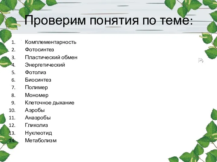 Проверим понятия по теме: Комплементарность Фотосинтез Пластический обмен Энергетический Фотолиз Биосинтез Полимер