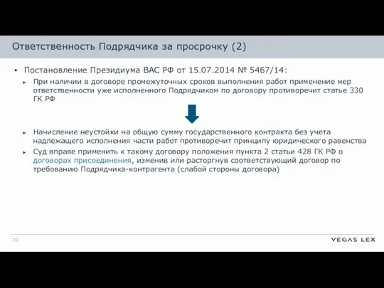 Ответственность Подрядчика за просрочку (2) Постановление Президиума ВАС РФ от 15.07.2014 №