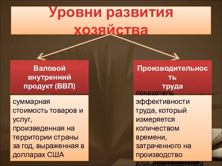 Уровни развития хозяйства Валовой внутренний продукт (ВВП) Производительность труда суммарная стоимость товаров