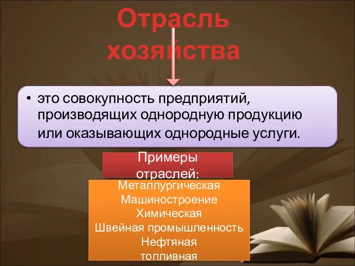 это совокупность предприятий, производящих однородную продукцию или оказывающих однородные услуги. Отрасль хозяйства