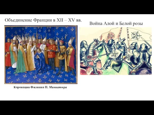 Объединение Франции в XII – XV вв. Коронация Филиппа II. Миниатюра Война Алой и Белой розы