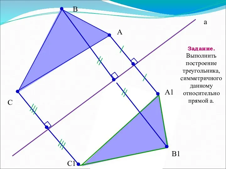 B C А C1 B1 A1 а Задание. Выполнить построение треугольника, симметричного данному относительно прямой a.