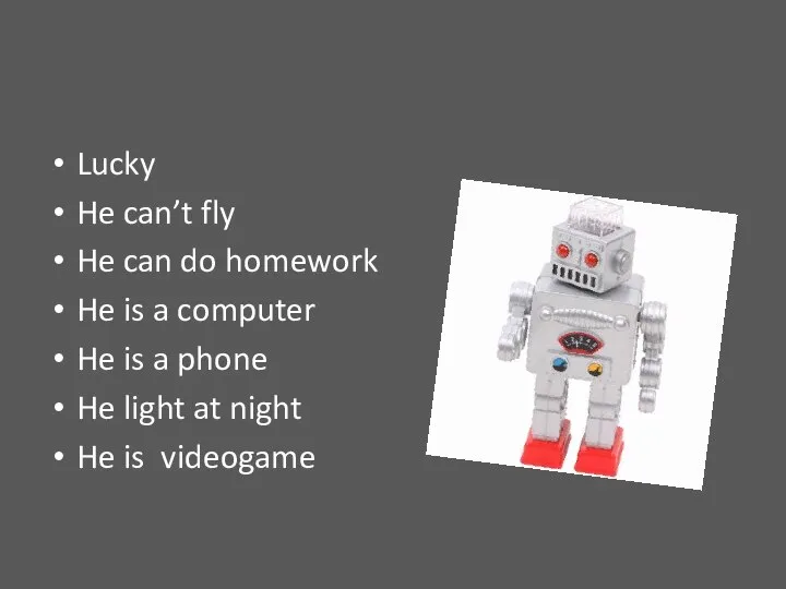 Lucky He can’t fly He can do homework He is a computer