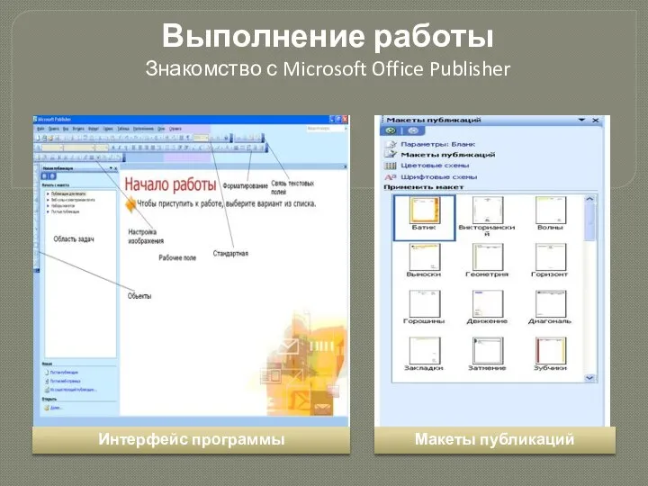 Выполнение работы Знакомство с Microsoft Office Publisher Интерфейс программы Макеты публикаций
