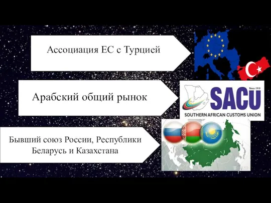 Ассоциация ЕС с Турцией Арабский общий рынок Бывший союз России, Республики Беларусь и Казахстана