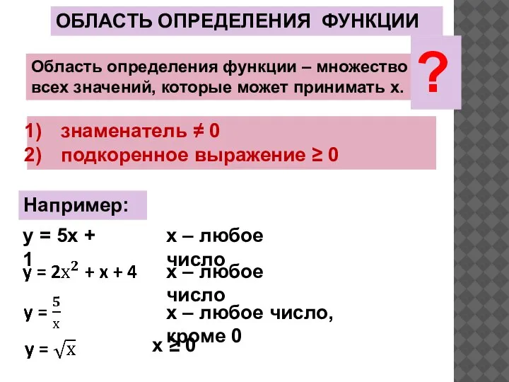 Область определения функции – множество всех значений, которые может принимать х. Например: