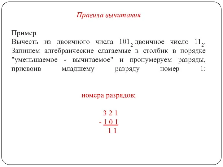 Правила вычитания Пример Вычесть из двоичного числа 1012 двоичное число 112. Запишем